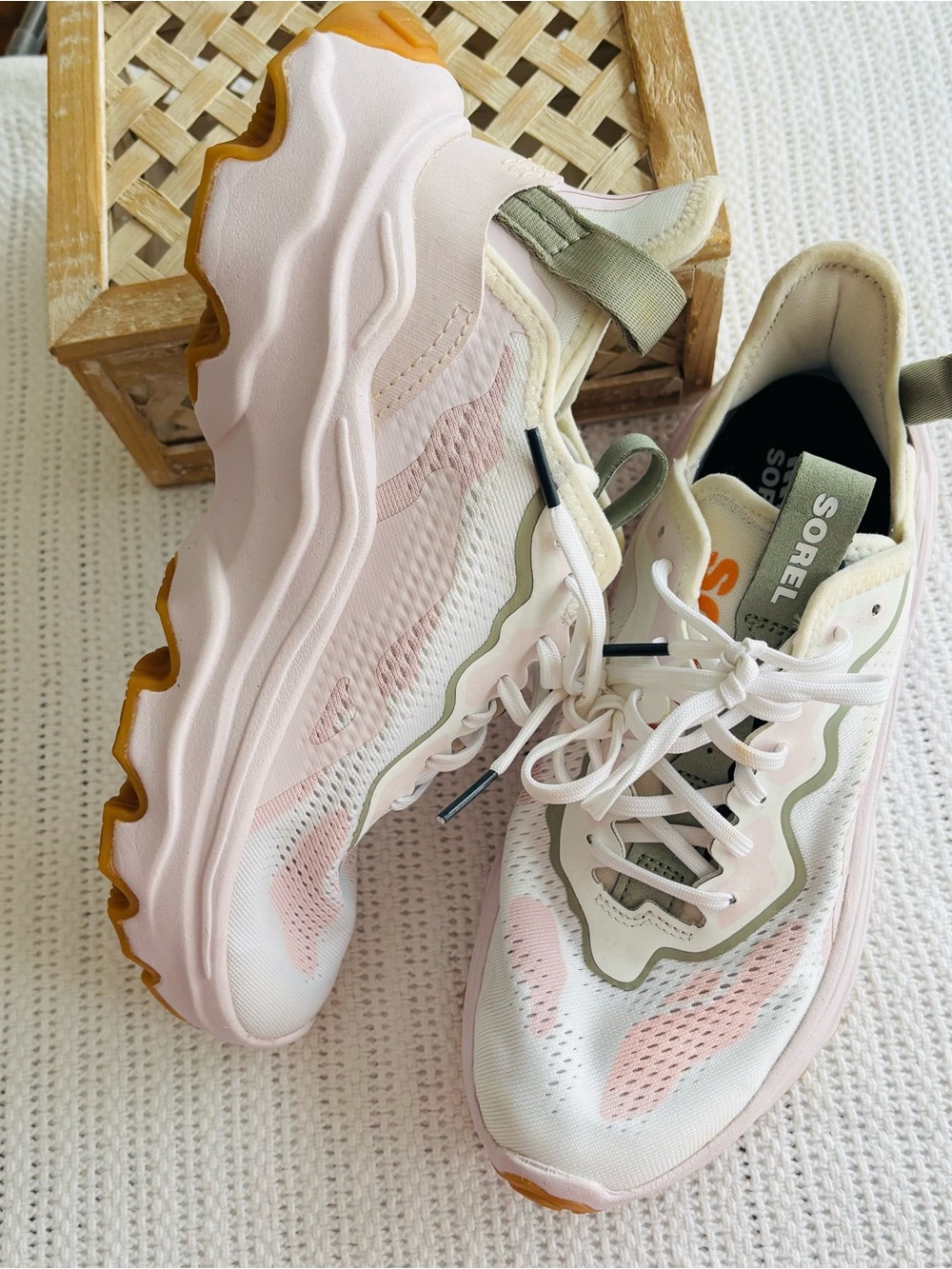 Sorel Women's White Sneakers with Pale Pink and Olive Accents